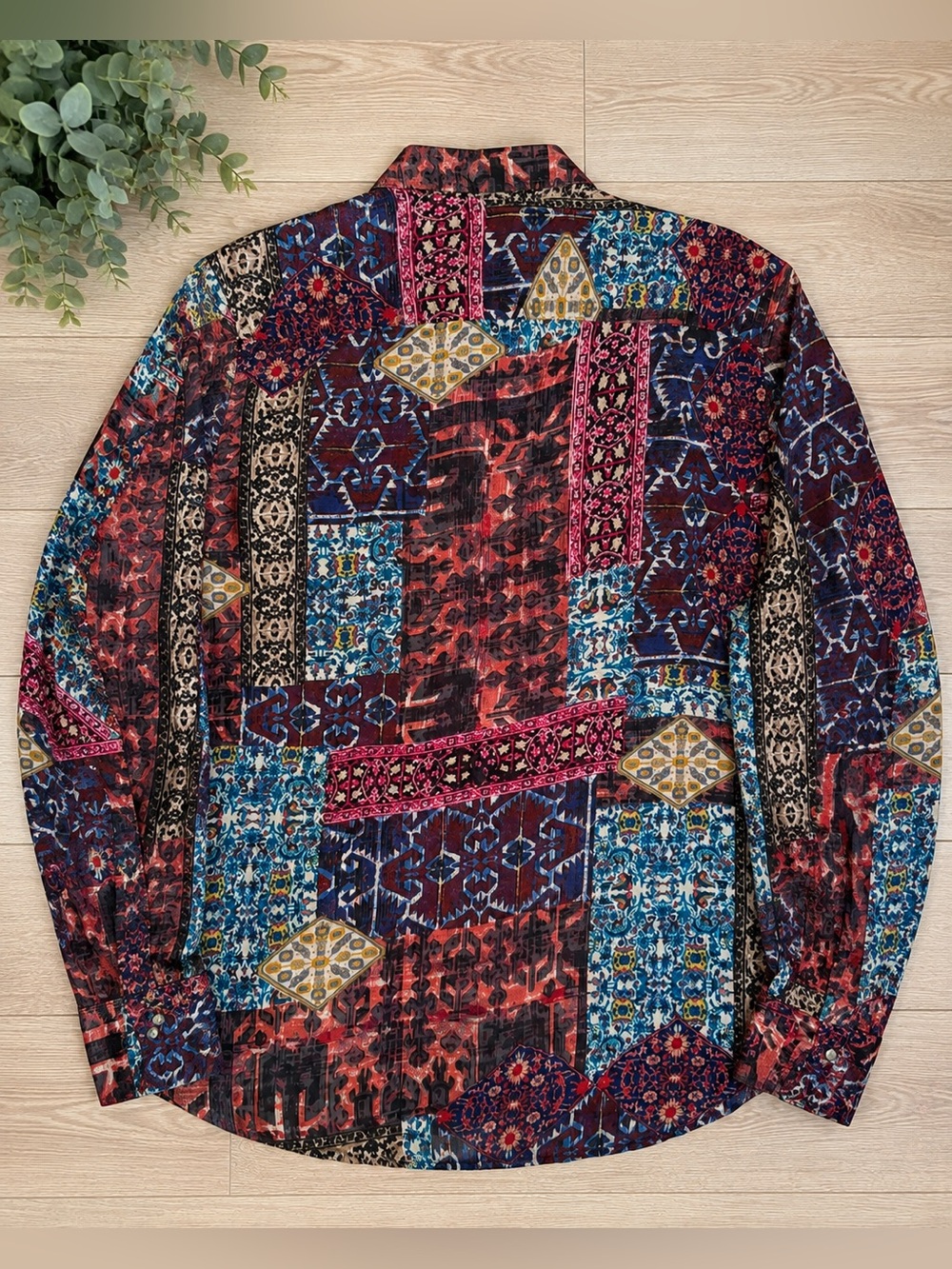 ASOS Silky Womens Medium Patchwork Tapestry Persian Print Button Down Shirt Boho - Picture 4 of 8